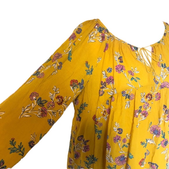 Old Navy Mustard Yellow Boho Floral Front Tie Long Sleeve Peasant Blouse - Picture 9 of 14